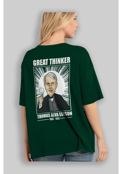 Thomas Alfa Edison Arka Baskılı Zümrüt Yeşili Oversize T-Shirt Erkek Kadın Bisiklet Yaka fırsatları