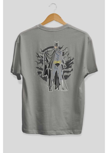 Batman Arka Baskılı Gri Oversize T-Shirt Unisex Erkek Kadın Bisiklet Yaka fiyatları