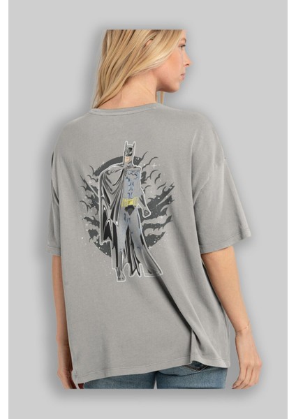Batman Arka Baskılı Gri Oversize T-Shirt Unisex Erkek Kadın Bisiklet Yaka modelleri