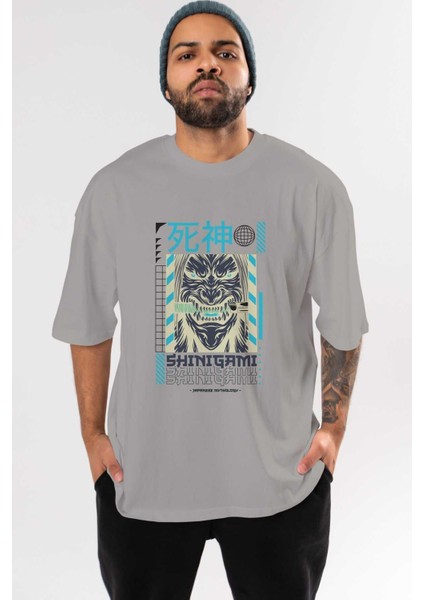 Shinigami Ön Baskılı Gri Oversize T-Shirt Unisex Erkek Kadın Bisiklet Yaka