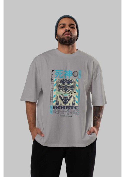 Shinigami Ön Baskılı Gri Oversize T-Shirt Unisex Erkek Kadın Bisiklet Yaka indirimleri