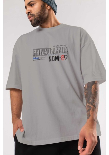 Philadelphia 89 Ön Baskılı Gri Oversize T-Shirt Unisex Erkek Kadın Bisiklet Yaka modelleri