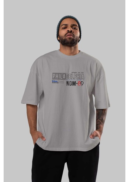Philadelphia 89 Ön Baskılı Gri Oversize T-Shirt Unisex Erkek Kadın Bisiklet Yaka indirimleri