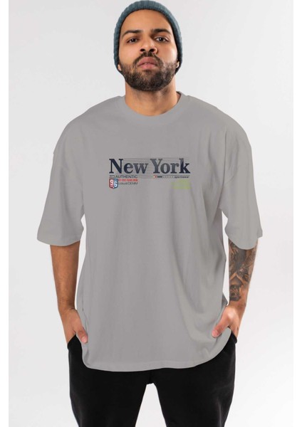 New York 96 Ön Baskılı Gri Oversize T-Shirt Unisex Erkek Kadın Bisiklet Yaka