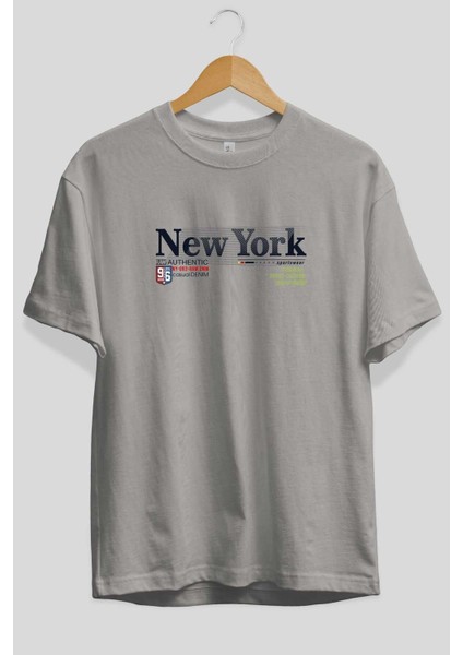New York 96 Ön Baskılı Gri Oversize T-Shirt Unisex Erkek Kadın Bisiklet Yaka fiyatları