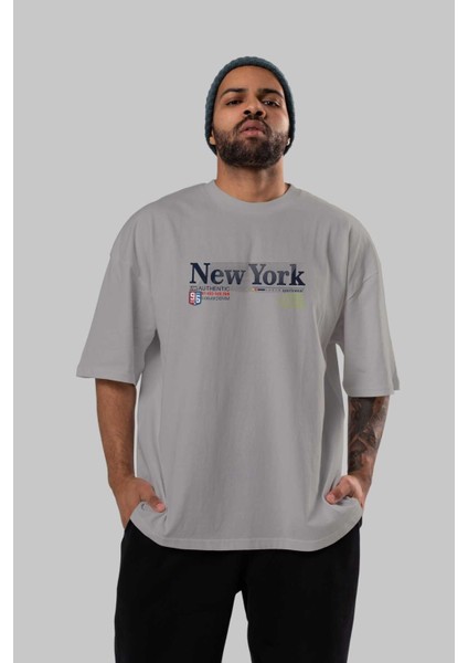 New York 96 Ön Baskılı Gri Oversize T-Shirt Unisex Erkek Kadın Bisiklet Yaka indirimleri