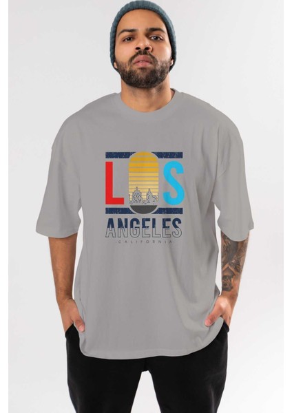 Los Angeles Ön Baskılı Gri Oversize T-Shirt Unisex Erkek Kadın Bisiklet Yaka