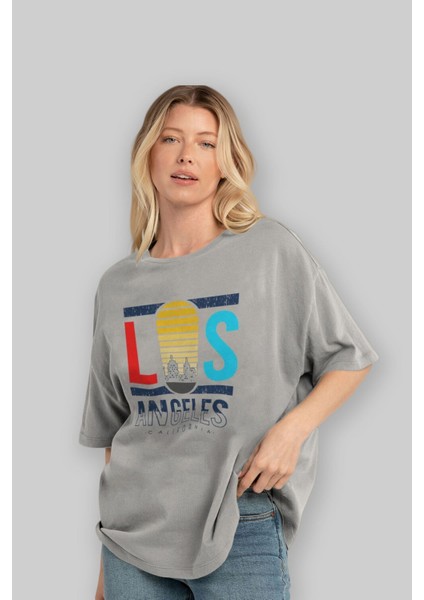 Los Angeles Ön Baskılı Gri Oversize T-Shirt Unisex Erkek Kadın Bisiklet Yaka fırsatları