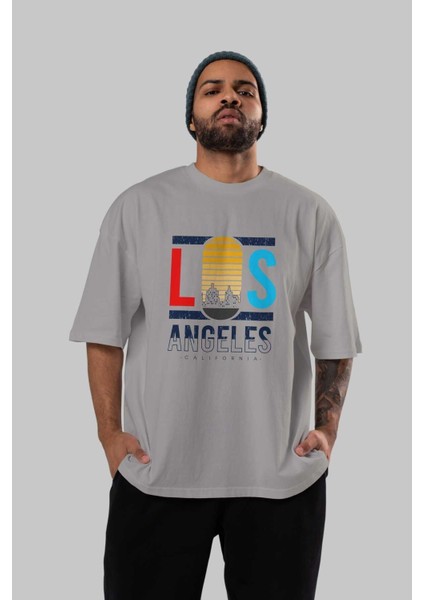 Los Angeles Ön Baskılı Gri Oversize T-Shirt Unisex Erkek Kadın Bisiklet Yaka indirimleri