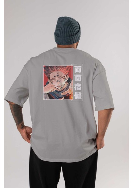 Sukuna Ryoumen 4 Anime Arka Baskılı Gri Oversize T-Shirt %100 Pamuk Erkek Kadın
