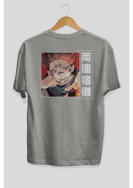 Sukuna Ryoumen 4 Anime Arka Baskılı Gri Oversize T-Shirt %100 Pamuk Erkek Kadın fiyatları