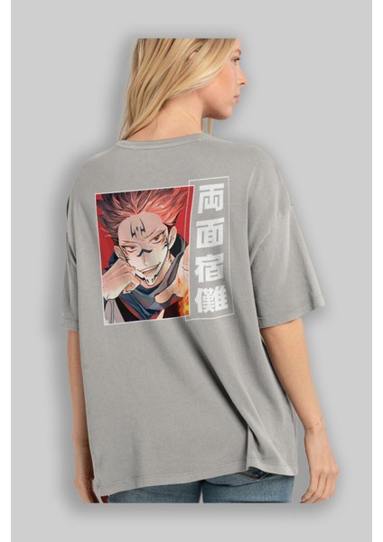 Sukuna Ryoumen 4 Anime Arka Baskılı Gri Oversize T-Shirt %100 Pamuk Erkek Kadın modelleri