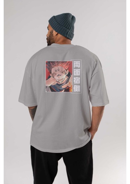 Sukuna Ryoumen 4 Anime Arka Baskılı Gri Oversize T-Shirt %100 Pamuk Erkek Kadın fırsatları