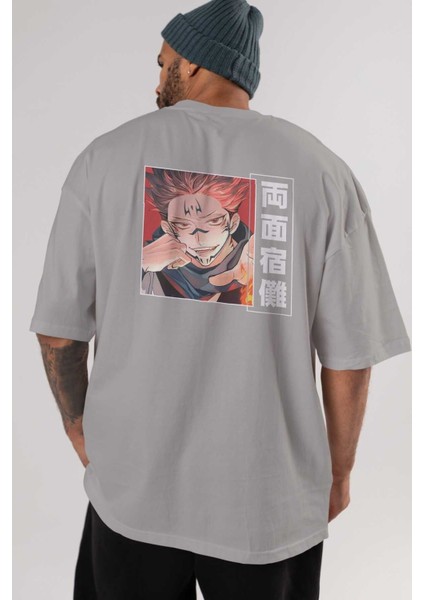 Sukuna Ryoumen 4 Anime Arka Baskılı Gri Oversize T-Shirt %100 Pamuk Erkek Kadın indirimleri