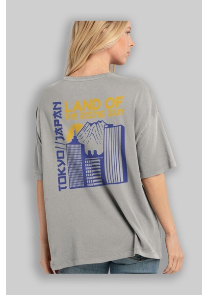 Tokyo Arka Baskılı Gri Oversize T-Shirt Unisex Erkek Kadın Bisiklet Yaka modelleri