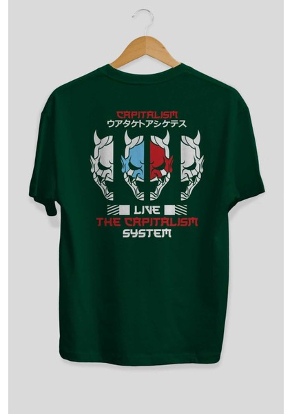 Live The Capitalism Arka Baskılı Zümrüt Yeşili Oversize T-Shirt Unisex Erkek Kadın Bisiklet Yaka fiyatları