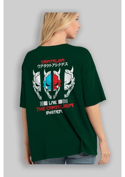 Live The Capitalism Arka Baskılı Zümrüt Yeşili Oversize T-Shirt Unisex Erkek Kadın Bisiklet Yaka fırsatları