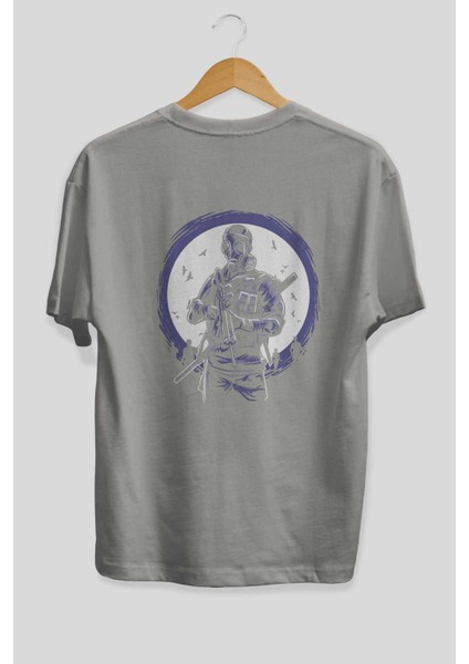 Gas Mask Soldier Arka Baskılı Gri Oversize T-Shirt Unisex Erkek Kadın Bisiklet Yaka fiyatları