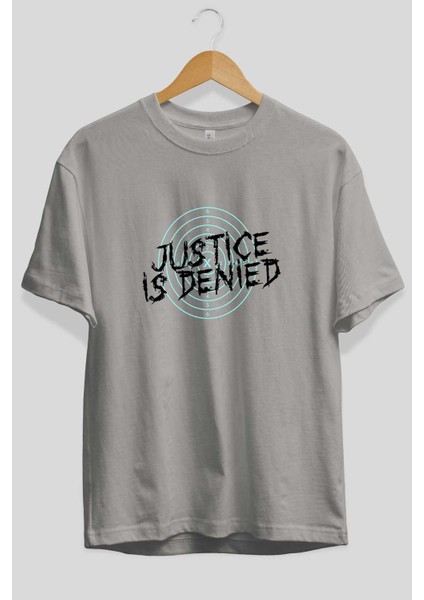 Justice Is Denied Ön Baskılı Gri Oversize T-Shirt Unisex Erkek Kadın Bisiklet Yaka fiyatları