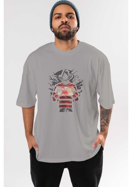 Freddy Will Kill Ön Baskılı Gri Oversize T-Shirt Unisex Erkek Kadın Bisiklet Yaka