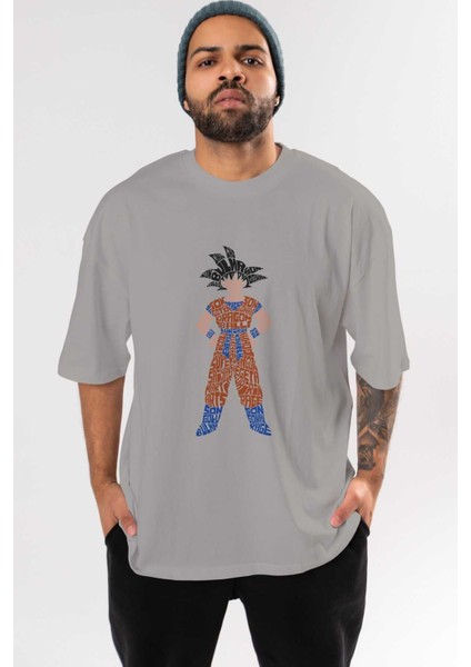 Goku Ön Baskılı Gri Oversize T-Shirt Unisex Erkek Kadın Bisiklet Yaka