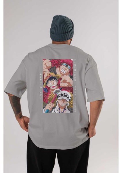Super Novas One Piece Anime Arka Baskılı Gri Oversize T-Shirt %100 Pamuk Erkek Kadın