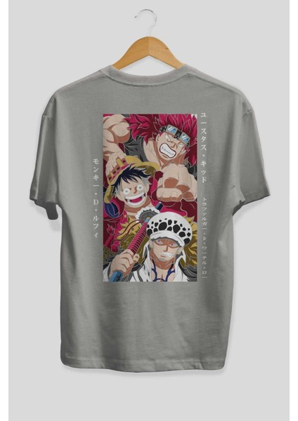 Super Novas One Piece Anime Arka Baskılı Gri Oversize T-Shirt %100 Pamuk Erkek Kadın fiyatları