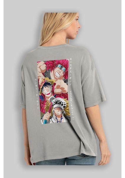 Super Novas One Piece Anime Arka Baskılı Gri Oversize T-Shirt %100 Pamuk Erkek Kadın modelleri