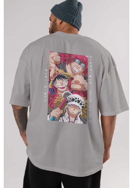 Super Novas One Piece Anime Arka Baskılı Gri Oversize T-Shirt %100 Pamuk Erkek Kadın indirimleri