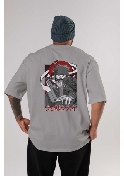 Shısuı Uchıha Naruto Anime Arka Baskılı Gri Oversize T-Shirt %100 Pamuk Erkek Kadın