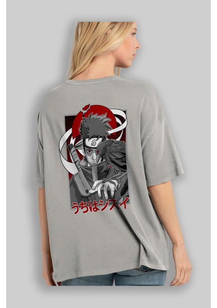 Shısuı Uchıha Naruto Anime Arka Baskılı Gri Oversize T-Shirt %100 Pamuk Erkek Kadın modelleri
