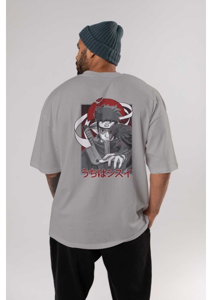 Shısuı Uchıha Naruto Anime Arka Baskılı Gri Oversize T-Shirt %100 Pamuk Erkek Kadın fırsatları