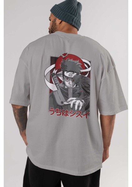 Shısuı Uchıha Naruto Anime Arka Baskılı Gri Oversize T-Shirt %100 Pamuk Erkek Kadın indirimleri