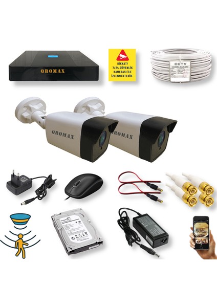 2 Kameralı Set - Hareket Algılayan Gece Görüşlü 5 MP Sony Lensli FullHD Güvenlik Kamerası Seti 5136-9004