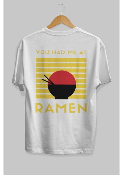 You Had Me At Ramen Arka Baskılı Beyaz Oversize T-Shirt Erkek Kadın Bisiklet Yaka fiyatları