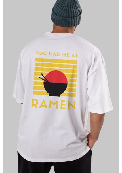 You Had Me At Ramen Arka Baskılı Beyaz Oversize T-Shirt Erkek Kadın Bisiklet Yaka modelleri