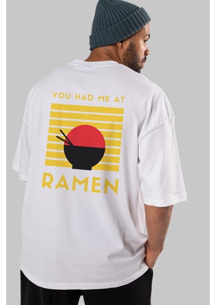 You Had Me At Ramen Arka Baskılı Beyaz Oversize T-Shirt Erkek Kadın Bisiklet Yaka indirimleri