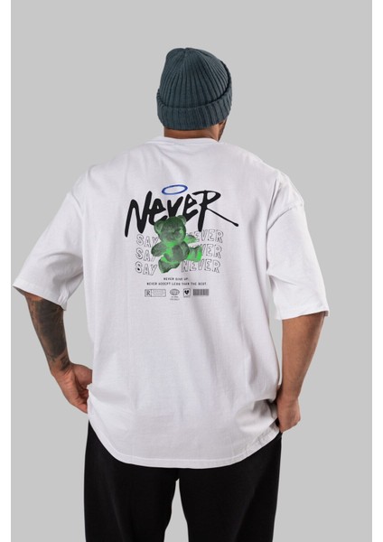 Teddy Bear Never Arka Baskılı Beyaz Oversize T-Shirt Erkek Kadın Bisiklet Yaka