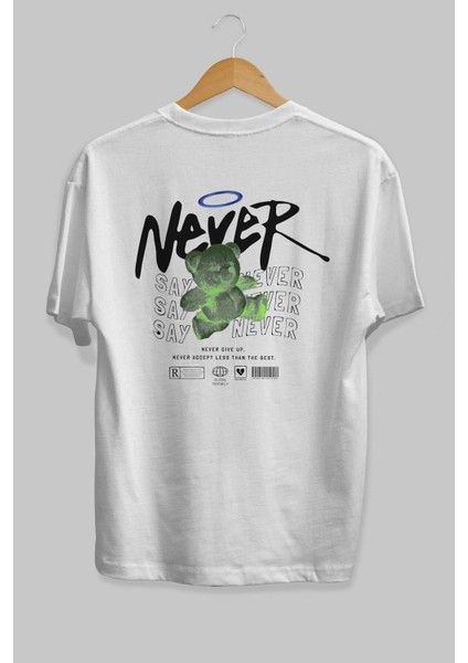Teddy Bear Never Arka Baskılı Beyaz Oversize T-Shirt Erkek Kadın Bisiklet Yaka fiyatları