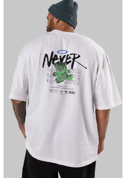 Teddy Bear Never Arka Baskılı Beyaz Oversize T-Shirt Erkek Kadın Bisiklet Yaka fırsatları
