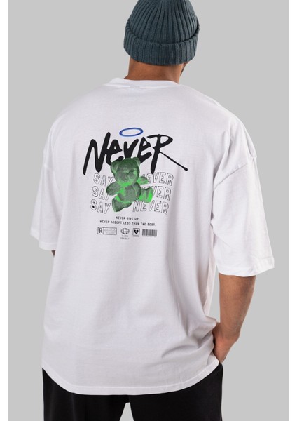 Teddy Bear Never Arka Baskılı Beyaz Oversize T-Shirt Erkek Kadın Bisiklet Yaka indirimleri