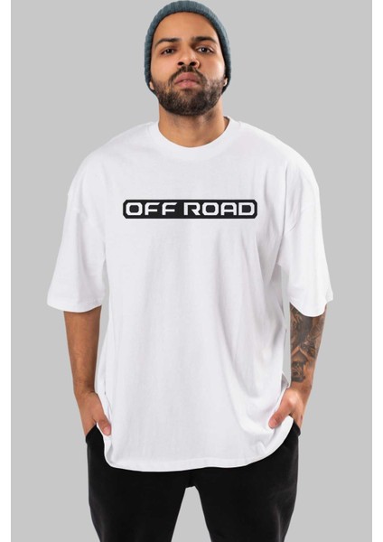 Off Road Ön Baskılı Beyaz Oversize T-Shirt Erkek Kadın Bisiklet Yaka