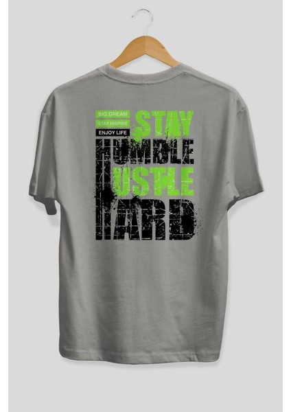 Stay Hustle Arka Baskılı Gri Oversize T-Shirt Unisex Erkek Kadın Bisiklet Yaka fiyatları