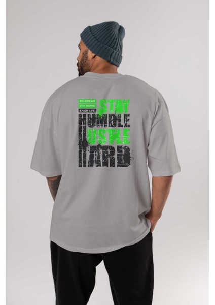 Stay Hustle Arka Baskılı Gri Oversize T-Shirt Unisex Erkek Kadın Bisiklet Yaka fırsatları