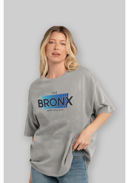 The Bronx Ön Baskılı Gri Oversize T-Shirt Unisex Erkek Kadın Bisiklet Yaka fırsatları
