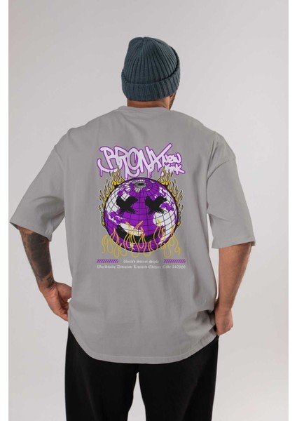 Bronx New York Arka Baskılı Gri Oversize T-Shirt Unisex Erkek Kadın Bisiklet Yaka