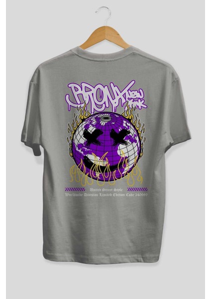 Bronx New York Arka Baskılı Gri Oversize T-Shirt Unisex Erkek Kadın Bisiklet Yaka