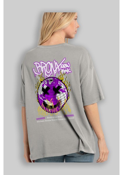 Bronx New York Arka Baskılı Gri Oversize T-Shirt Unisex Erkek Kadın Bisiklet Yaka