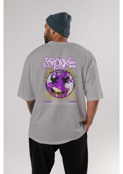 Bronx New York Arka Baskılı Gri Oversize T-Shirt Unisex Erkek Kadın Bisiklet Yaka