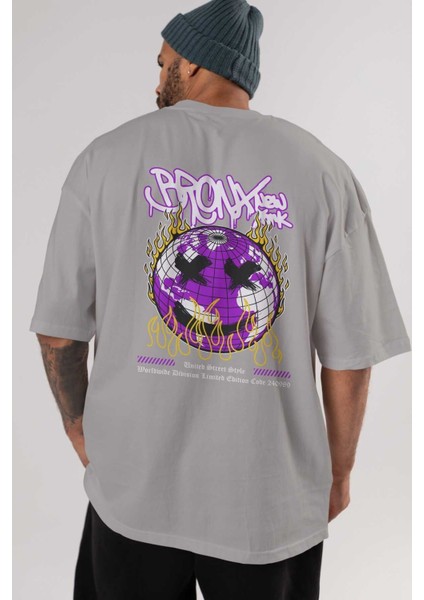 Bronx New York Arka Baskılı Gri Oversize T-Shirt Unisex Erkek Kadın Bisiklet Yaka